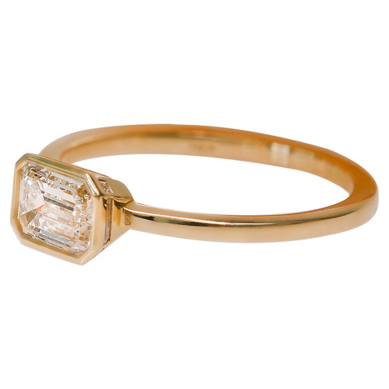 For Sale:  Ooak 0.95 Cts East-West Bezel Emerald Cut & Baguette Diamonds Hidden Halo Ring