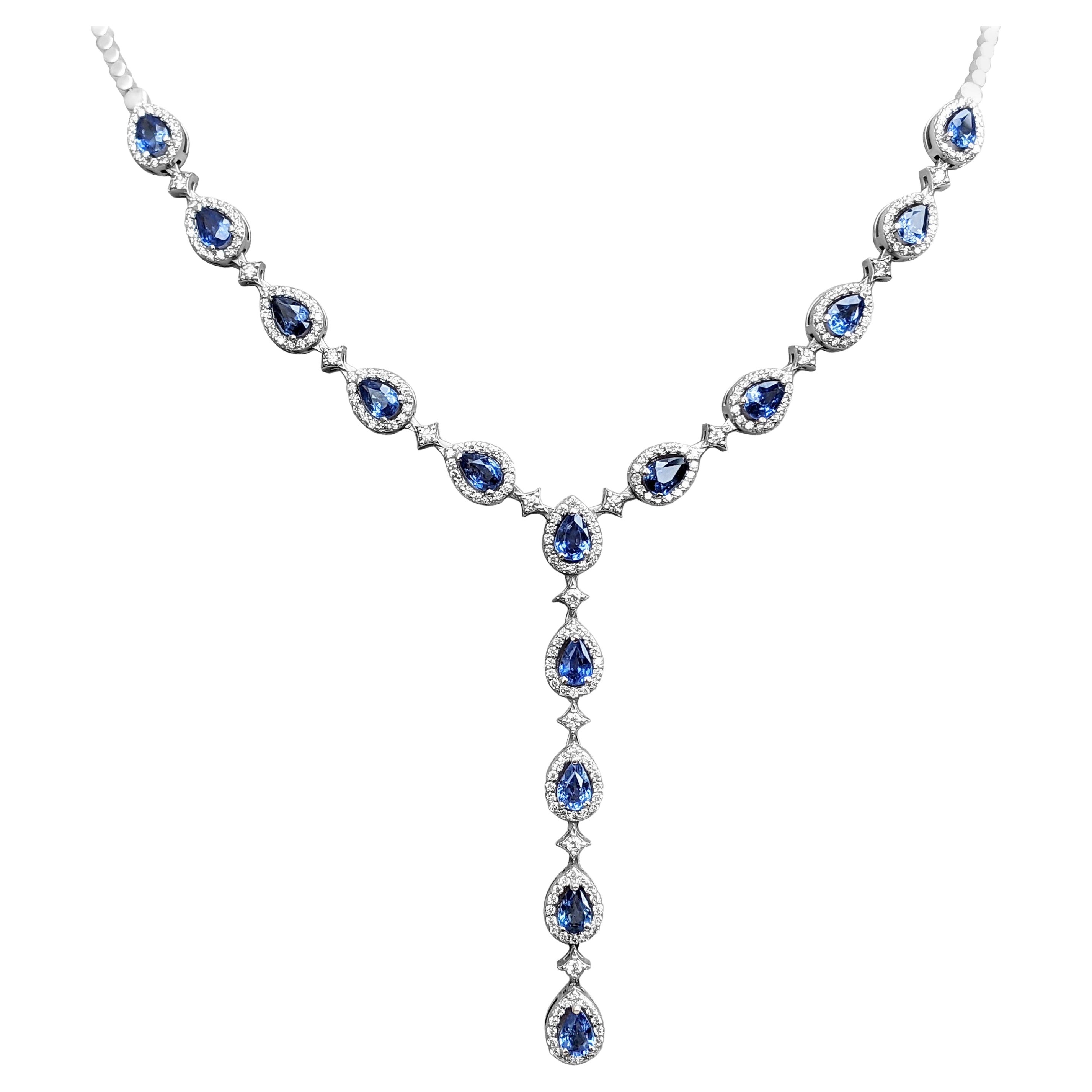 No Reserve, 7.47ct Blue Sapphires & 1.55cttw Diamonds, 14k White Gold Necklace For Sale