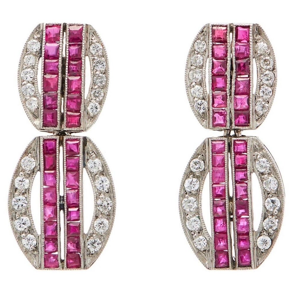 Mindi Mond Ruby Diamond Art Deco Platinum Drop Earrings  For Sale