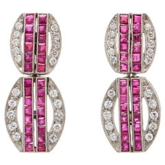 Ruby & Diamond Platinum Art Deco Drop Earrings 