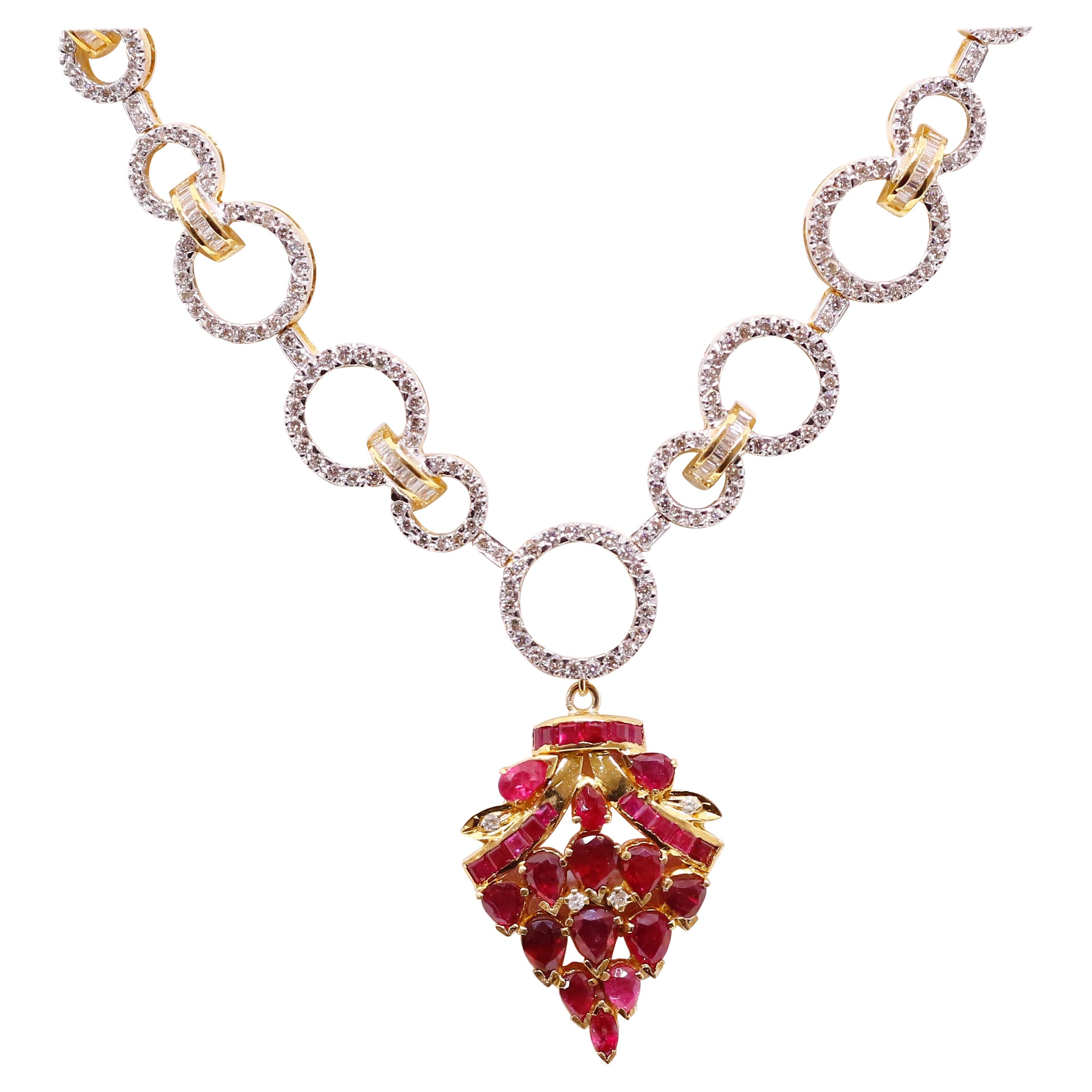 Ruby Bouquet Necklace: Pendant with Hoop Diamond Necklace For Sale
