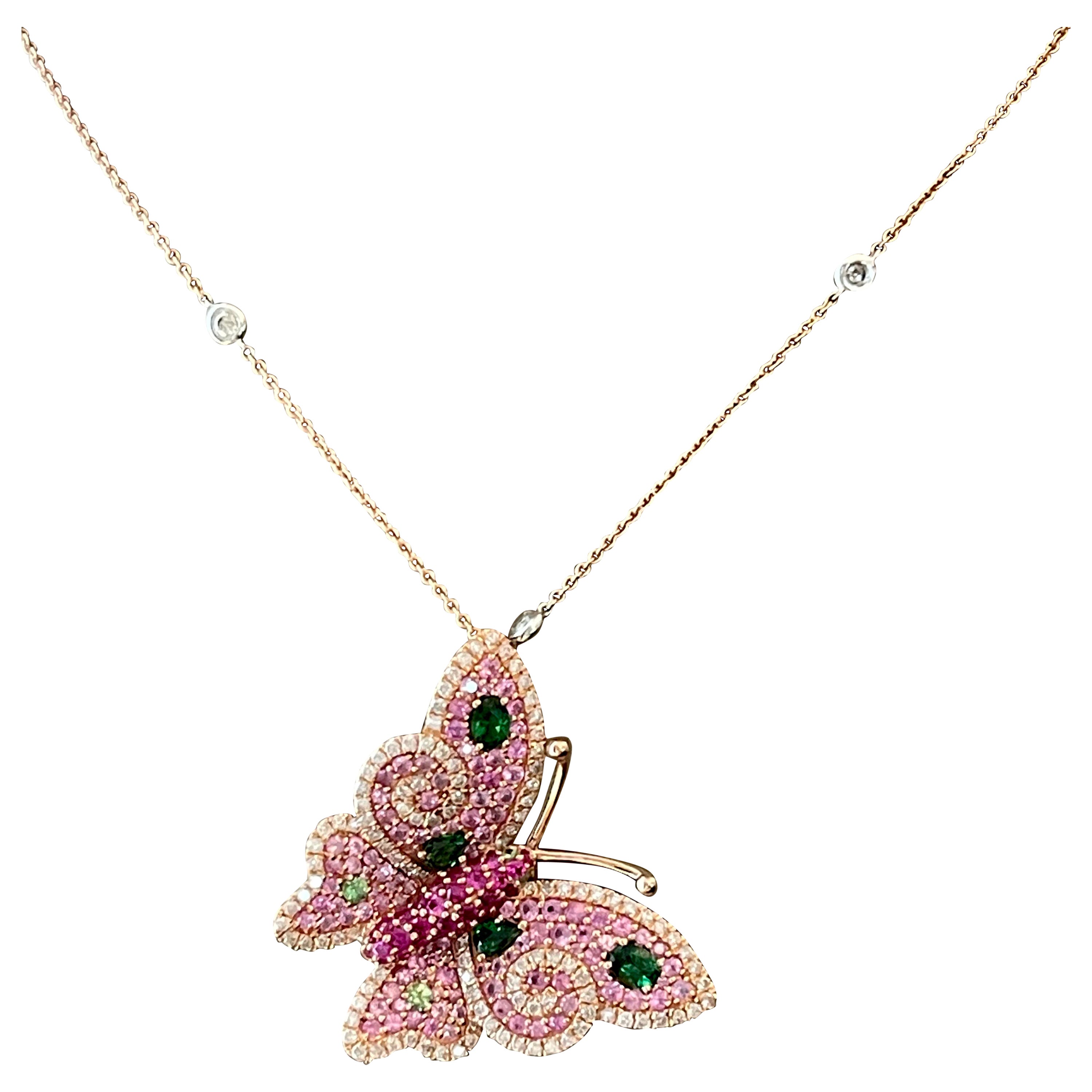 18k Rose Gold Ruby Pink Sapphire Diamond Tsavorite Butterfly Pendant with Chain