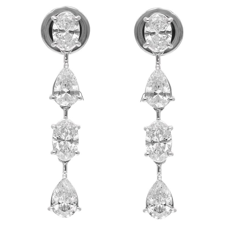 Oval and Pear Diamond Dangle Earrings 18 Karat White Gold Handmade Fine