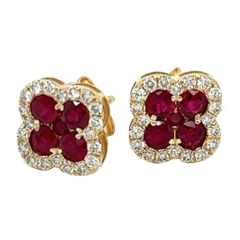 14K Yellow Gold Diamond and Ruby Clover Earrings  For Sale