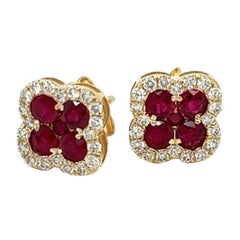 Clover-Ohrringe aus 14 Karat Gelbgold mit Diamanten und Rubinen 