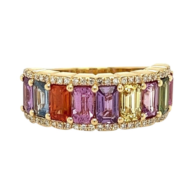 Multi-Color Sapphire and Diamond Ring in 14k Yellow Gold For Sale