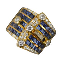 Vintage Very Heavy 18 Carat Gold Vs 1.3ct Diamond and Blue Sapphire Buckle Cluster Ring