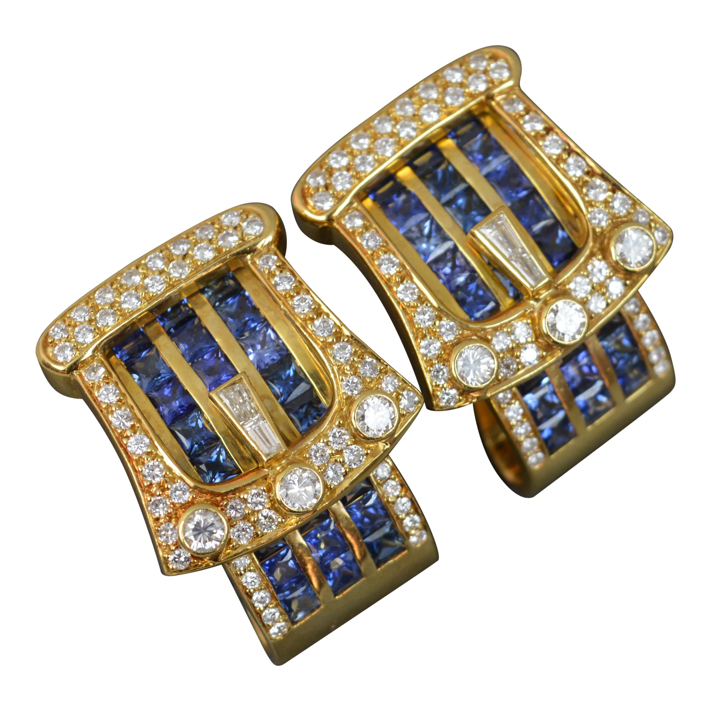 Heavy 2.00ct Vs Diamond and Sapphire 18 Carat Gold Buckle Earrings
