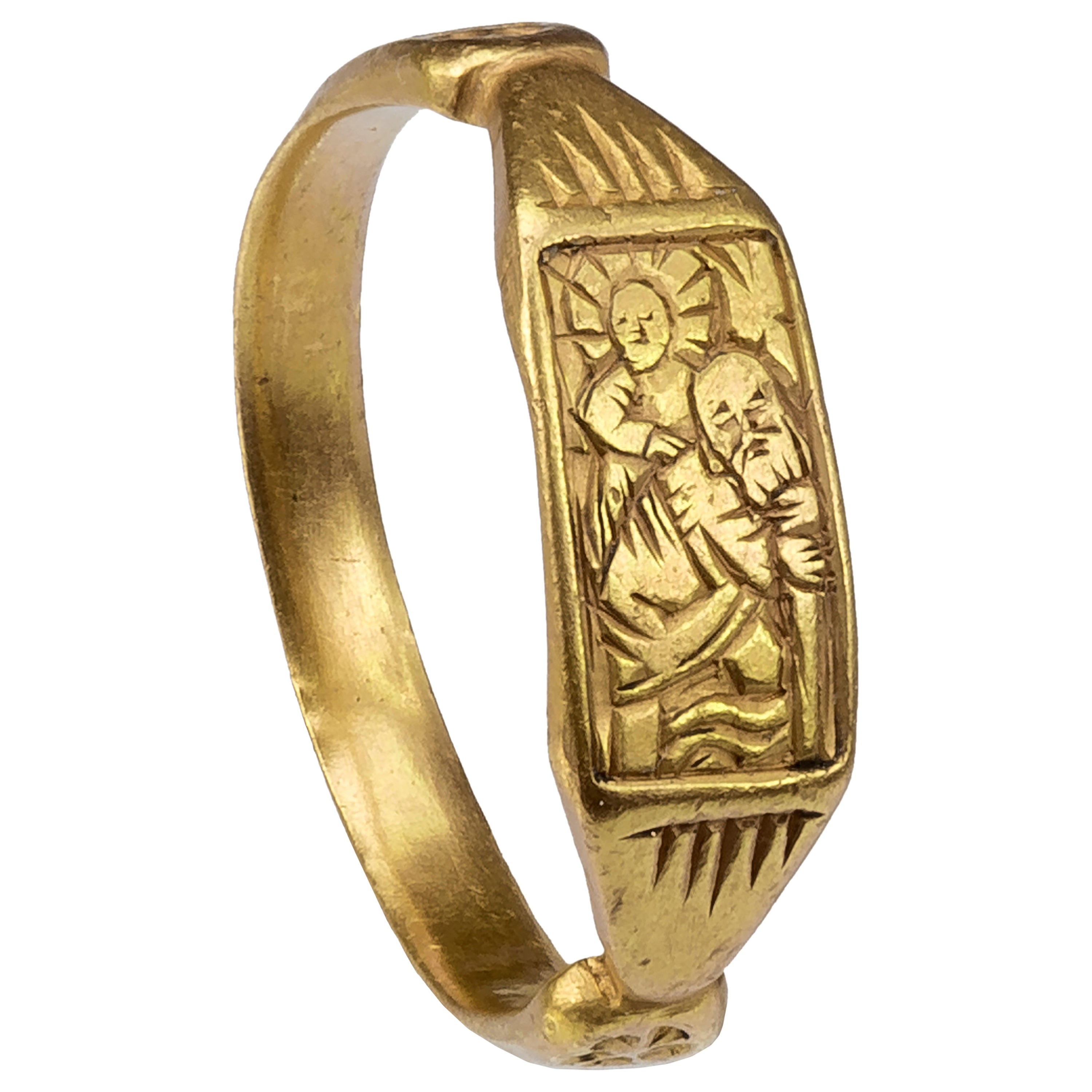 Gold Antique Ring from the Middle Ages Depicting Saint Christopher and Christ