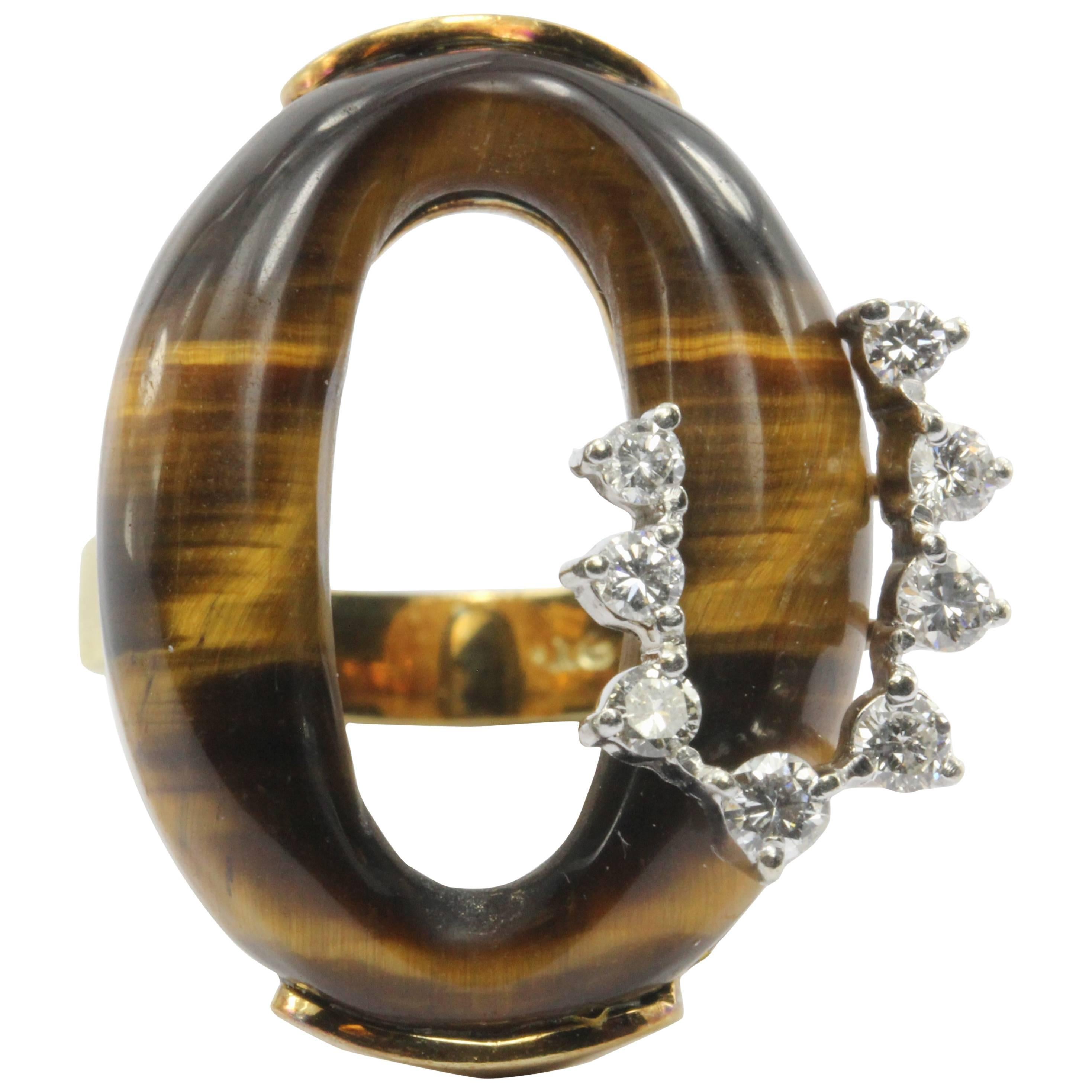 Tiger's Eye Diamond Gold Subtle Snake Ring 