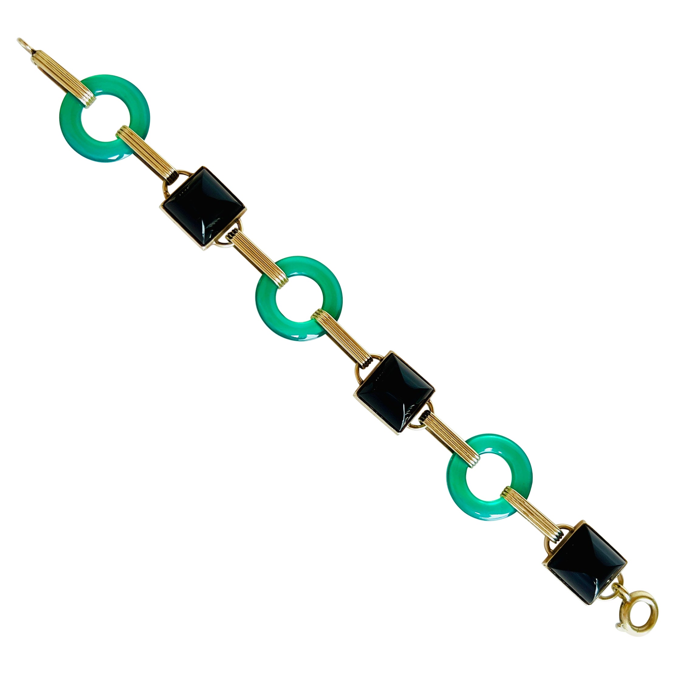 Art Deco 14k Gold Black Onyx Sugarloaf Green Chrysoprase Retro Bracelet For Sale