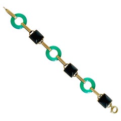 Bracelet rétro Art Déco en or 14 carats avec onyx noir et chrysoprase vert pain de sucre
