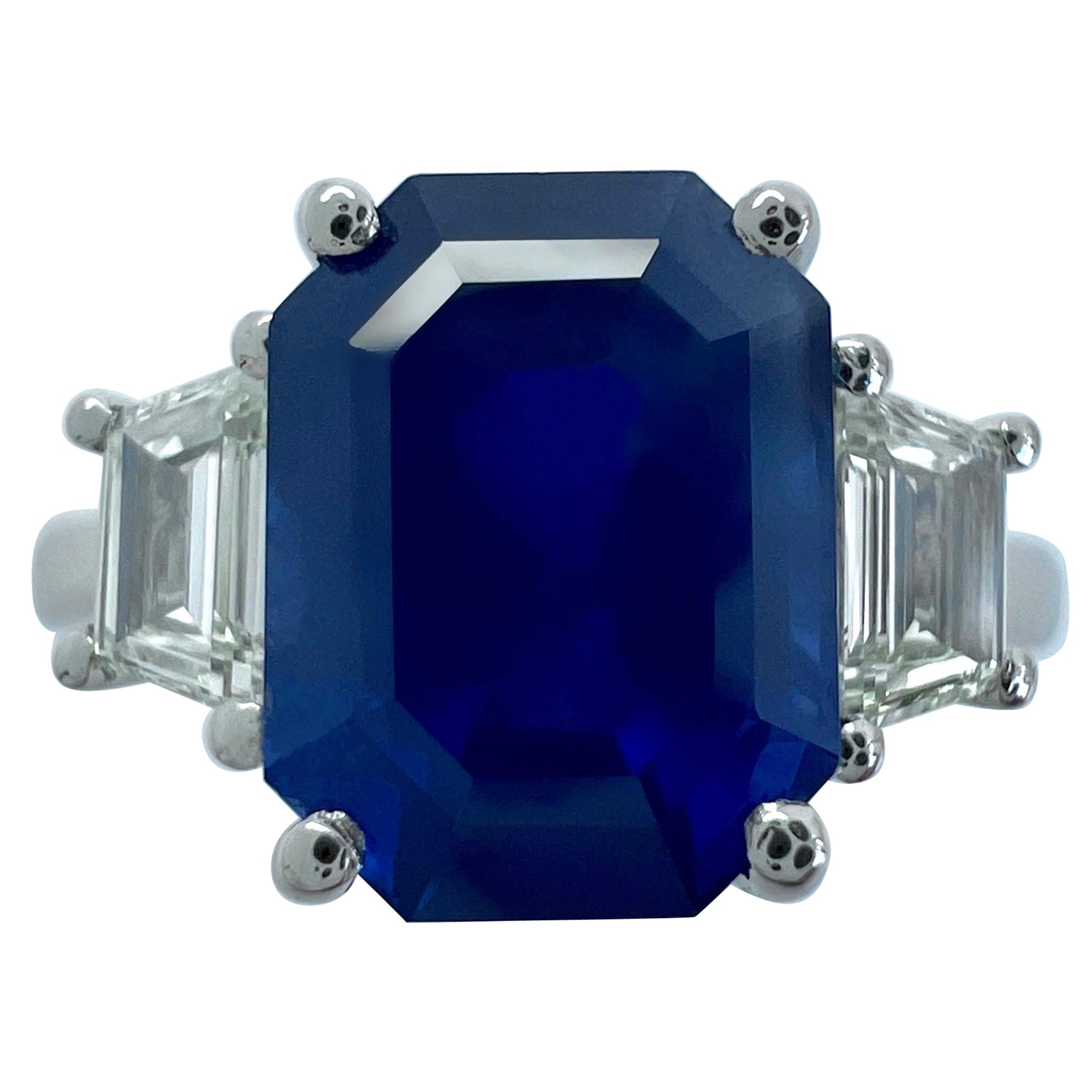 4 Carat Emerald Cut Ceylon Blue Sapphire & Diamond Platinum Three Stone Ring For Sale
