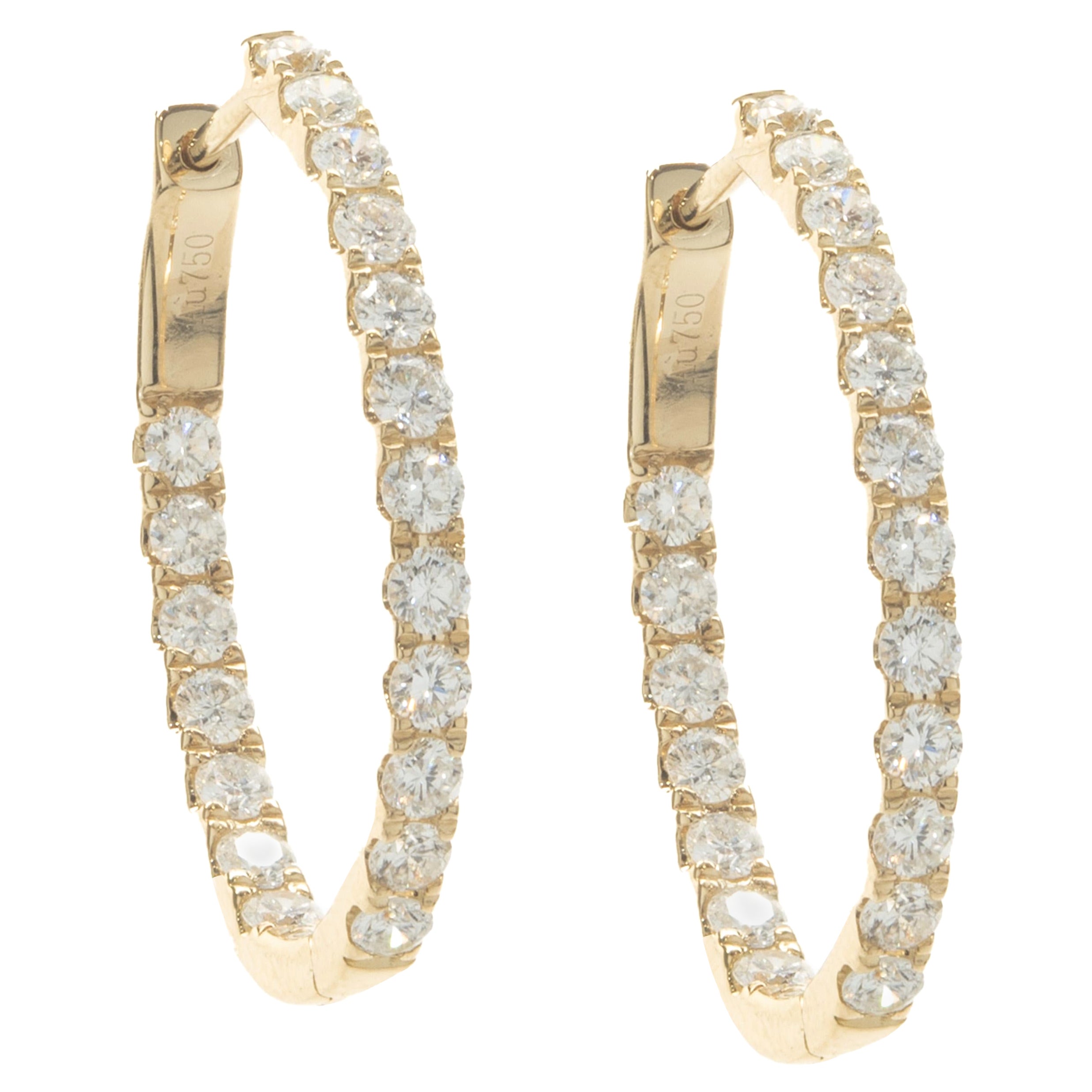 14 Karat Yellow Gold Diamond Inside Outside Hoop Earrings