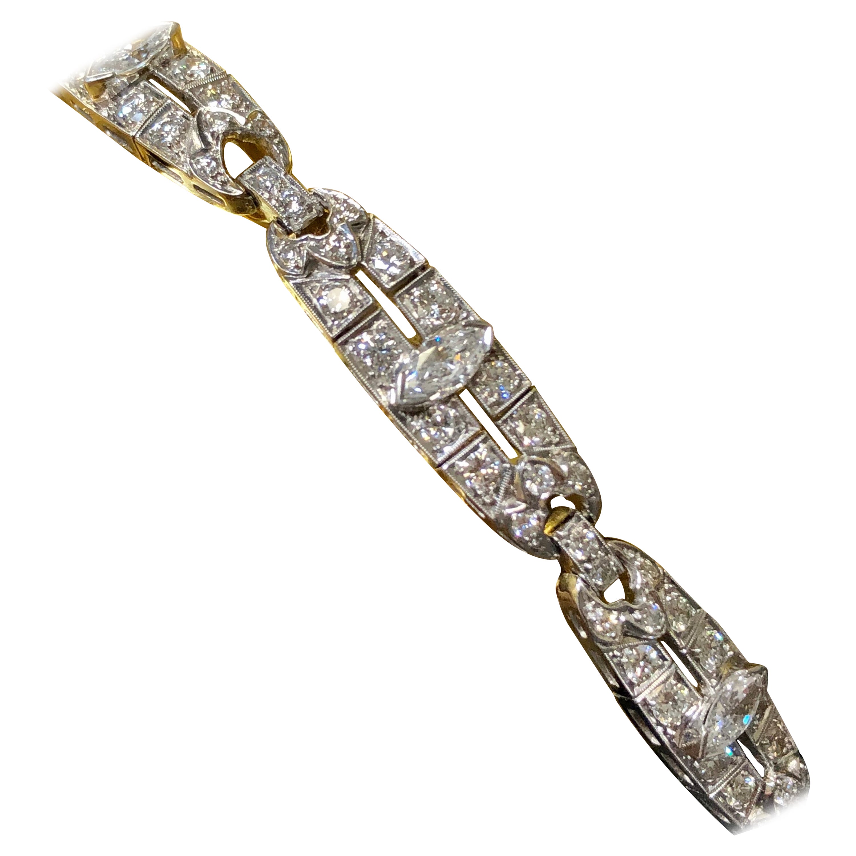 Antique Art Deco Platinum Marquise Round Diamond Bracelet 4.65cttw 7” For Sale