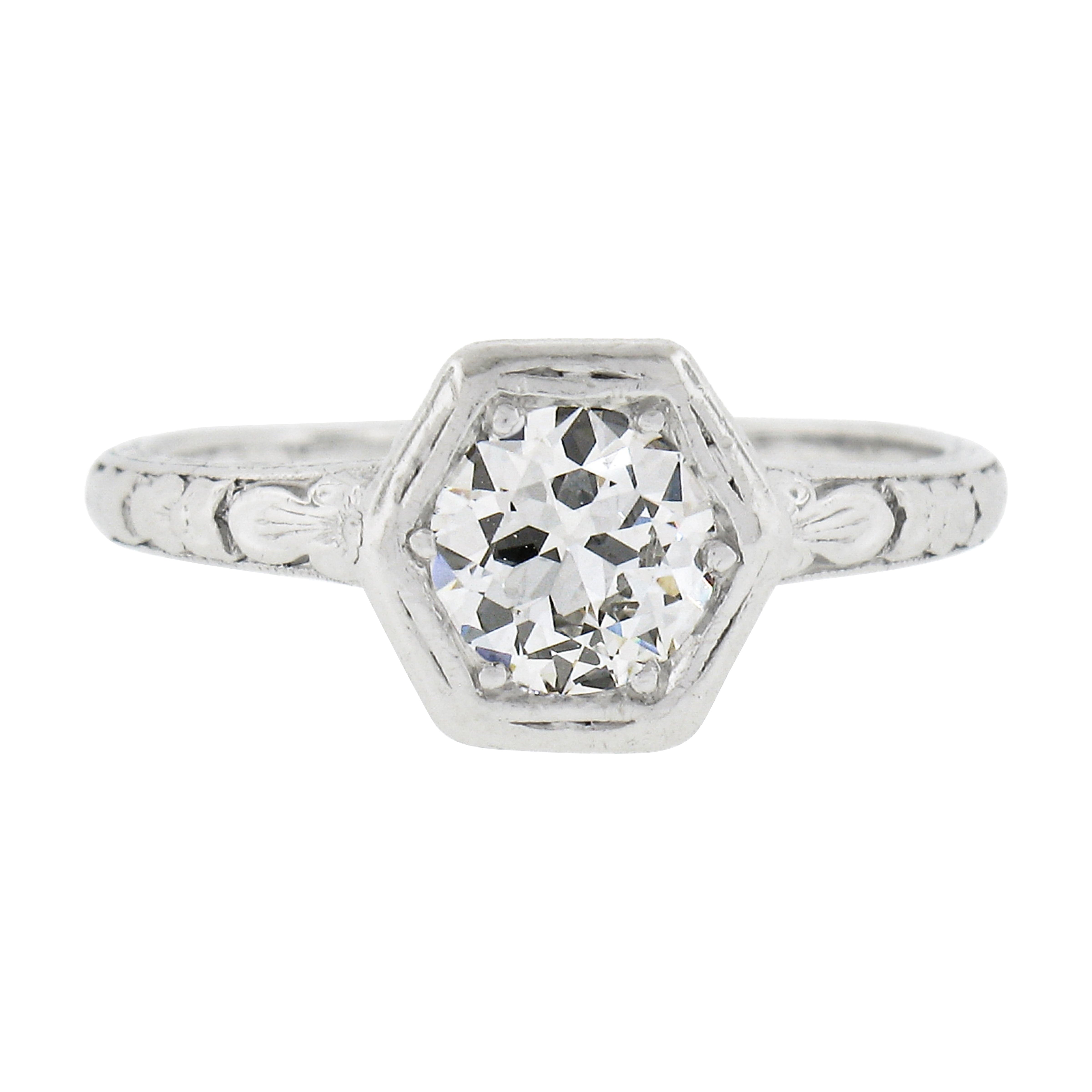 Antique Orange Blossom Platinum Old Cut 0.60ct G VS Diamond Engagement Ring For Sale