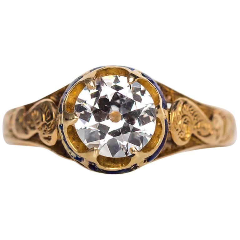 1870s Victorian .75 Carat Old European Diamond Enamel Gold Engagement Ring
