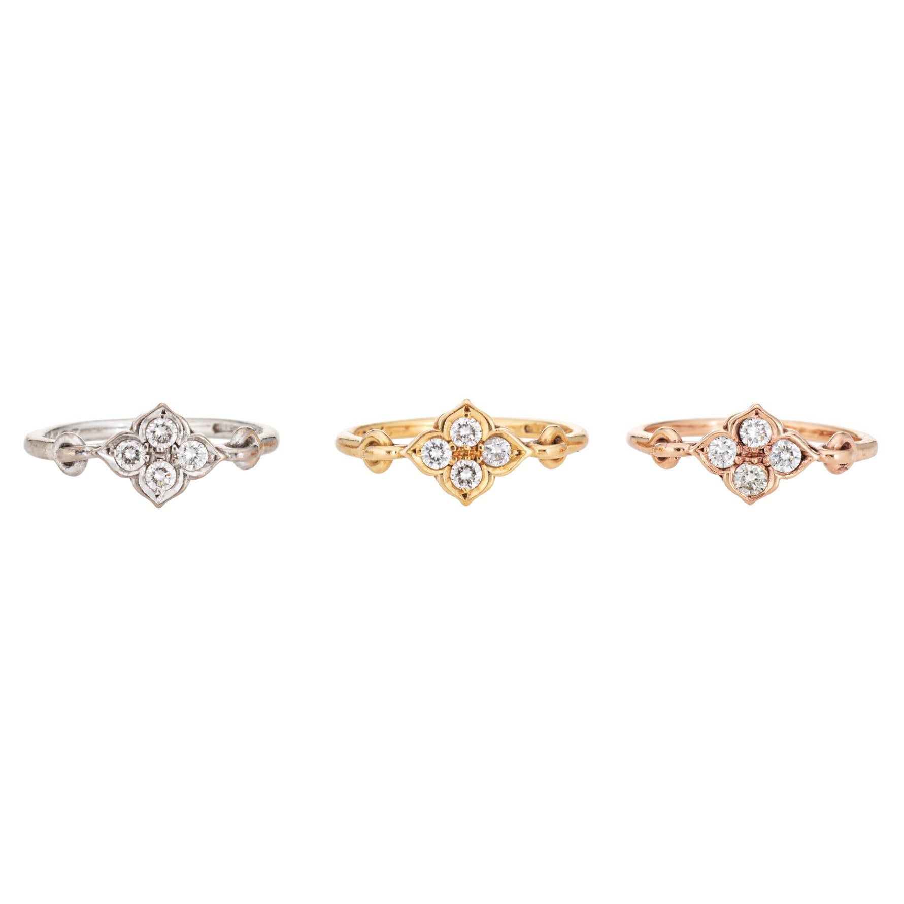 Set of 3 Cartier Hindu Diamond Rings EU 45 US 3 1/4 Estate 18k Gold Flower Band For Sale