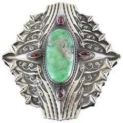Antique Art Nouveau Green Hardstone Garnet Silver Buckle 6