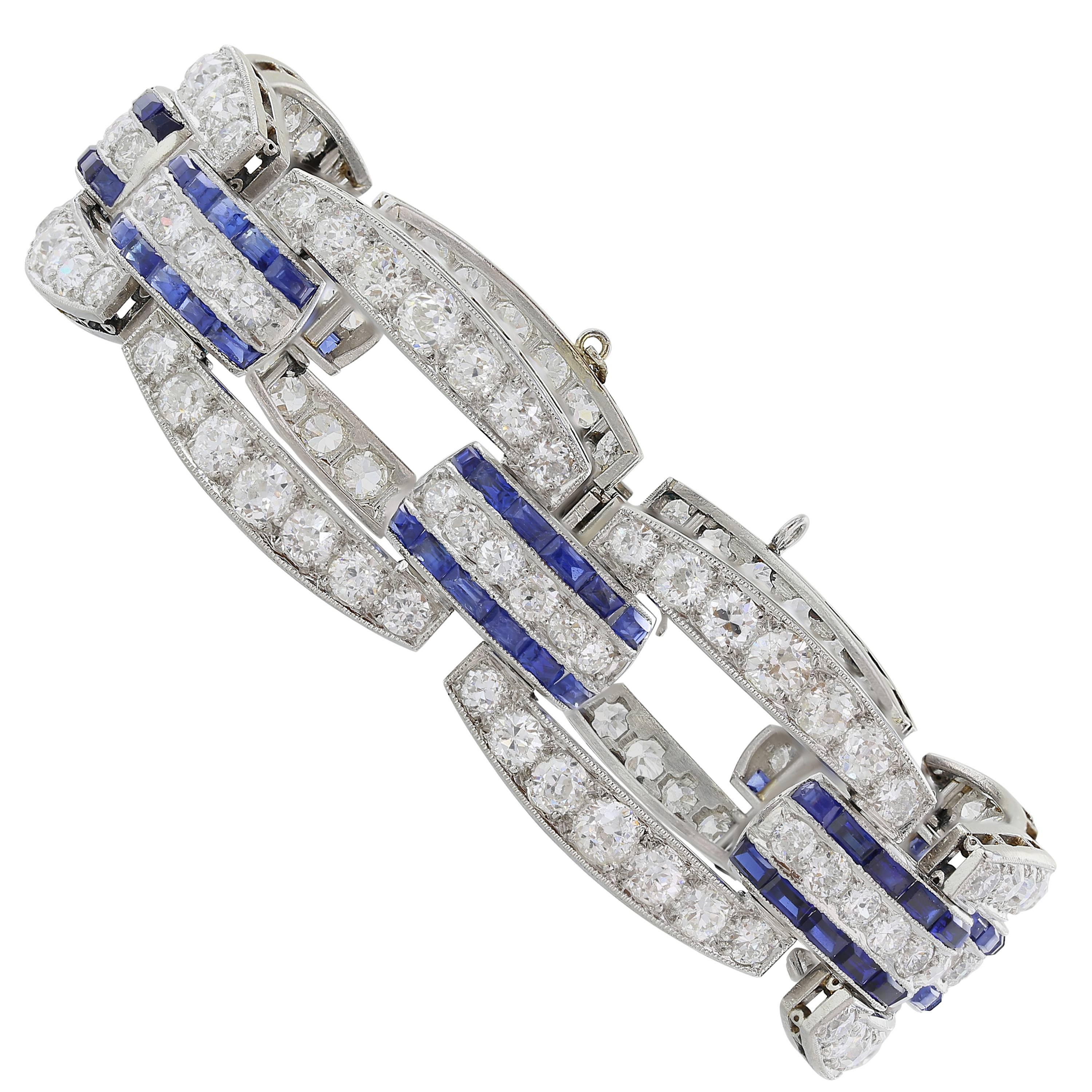 Art Deco Sapphire Diamond Platinum Bracelet For Sale