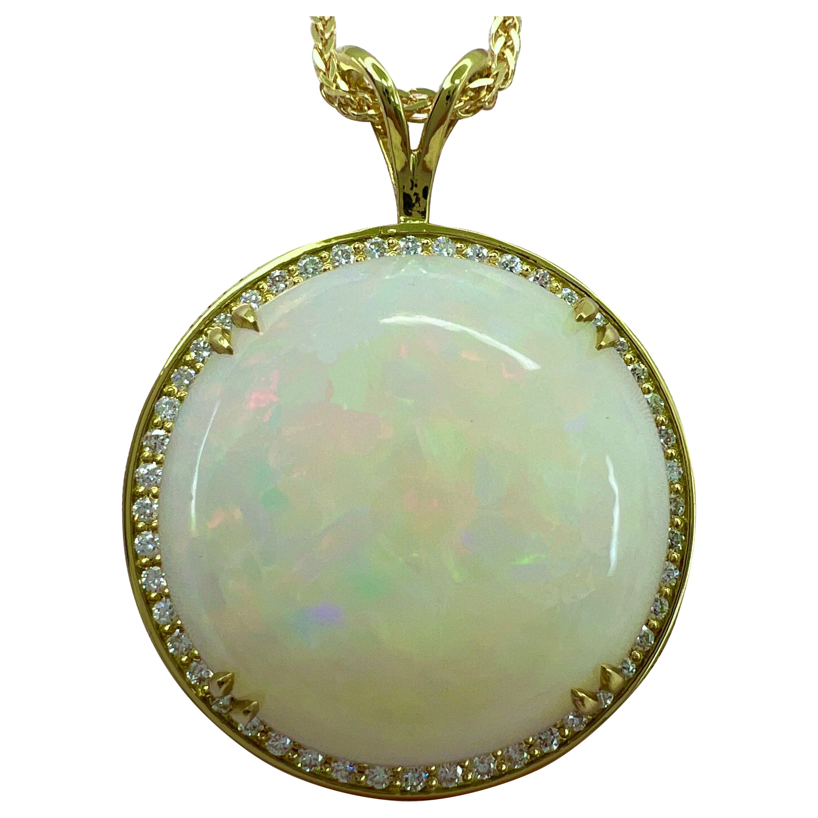 IGI Certified 33.17ct Fine White Opal & Diamond 18k Yellow Gold Pendant Necklace For Sale