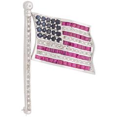 1970s Ruby Diamond Sapphire Gold Patriotic American Flag Pin