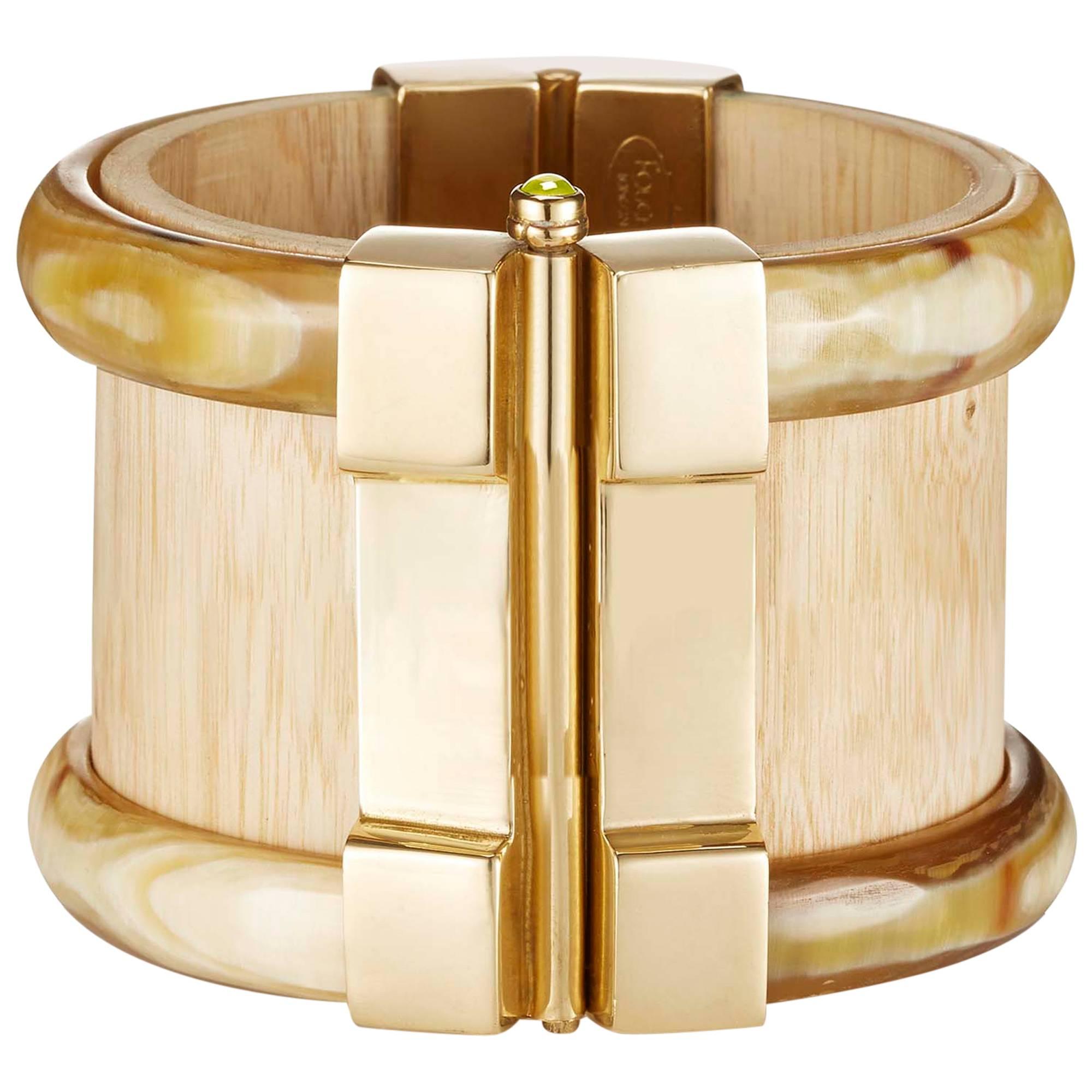 Fouche Horn Wood Emerald Fire Opal Cuff Bracelet
