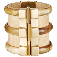 Fouche Horn Wood Emerald Gold Cuff Bracelet