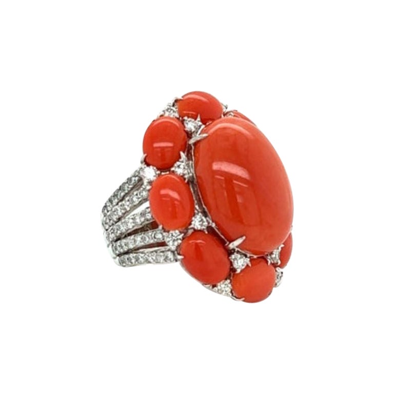 Coral, Diamond and 18k White Gold Ring For Sale