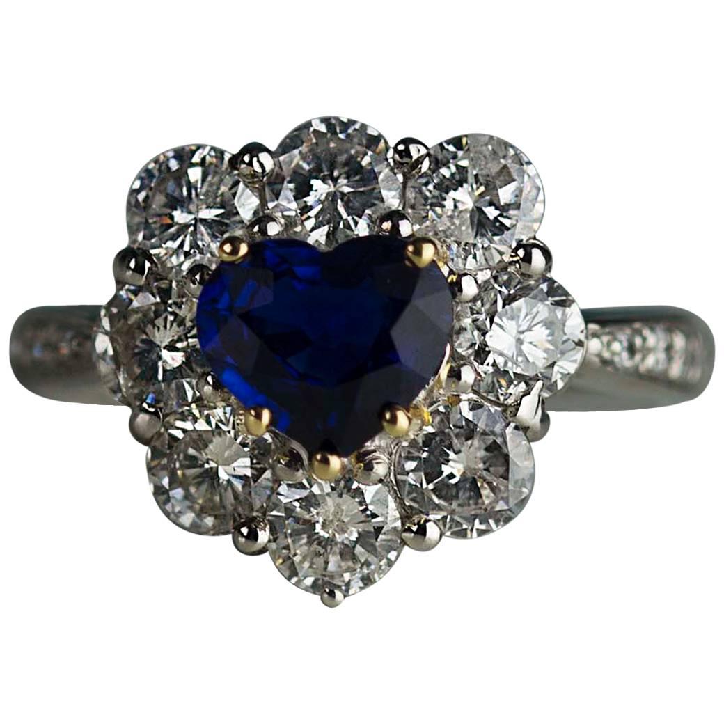 Heart Shaped No Heat Sapphire Diamond Platinum Ring