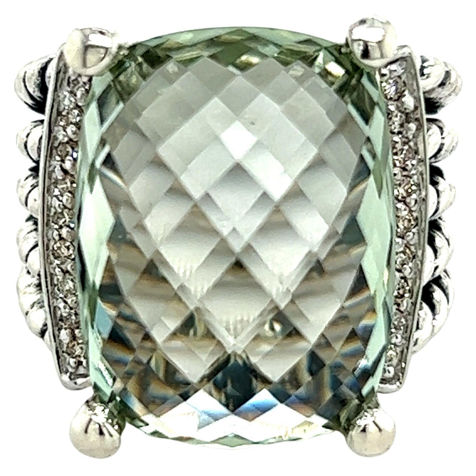 David Yurman Authentic Estate Wheaton Prasiolite Pave Diamond Ring 7.5 Silver For Sale