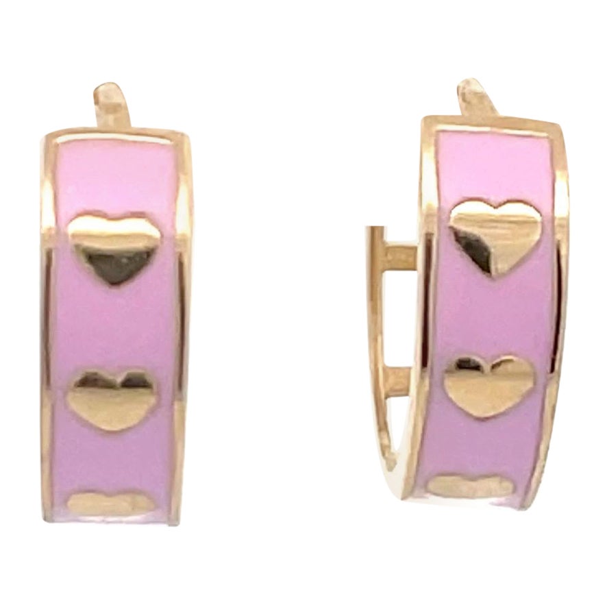 14 Karat Yellow Gold Baby Pink Enamel Hoop Heart Earrings 2.03 Grams Italian For Sale