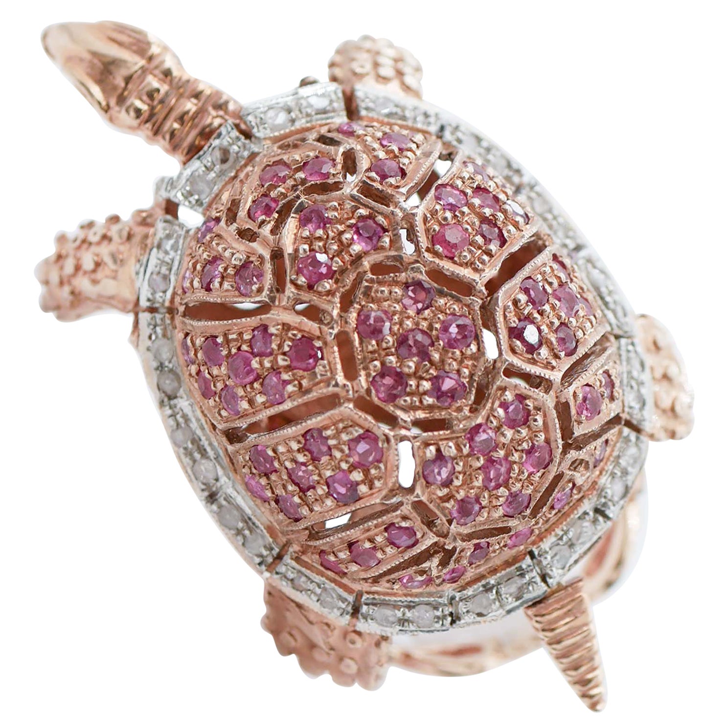 Bague tortue en or rose, rubis et diamants en vente