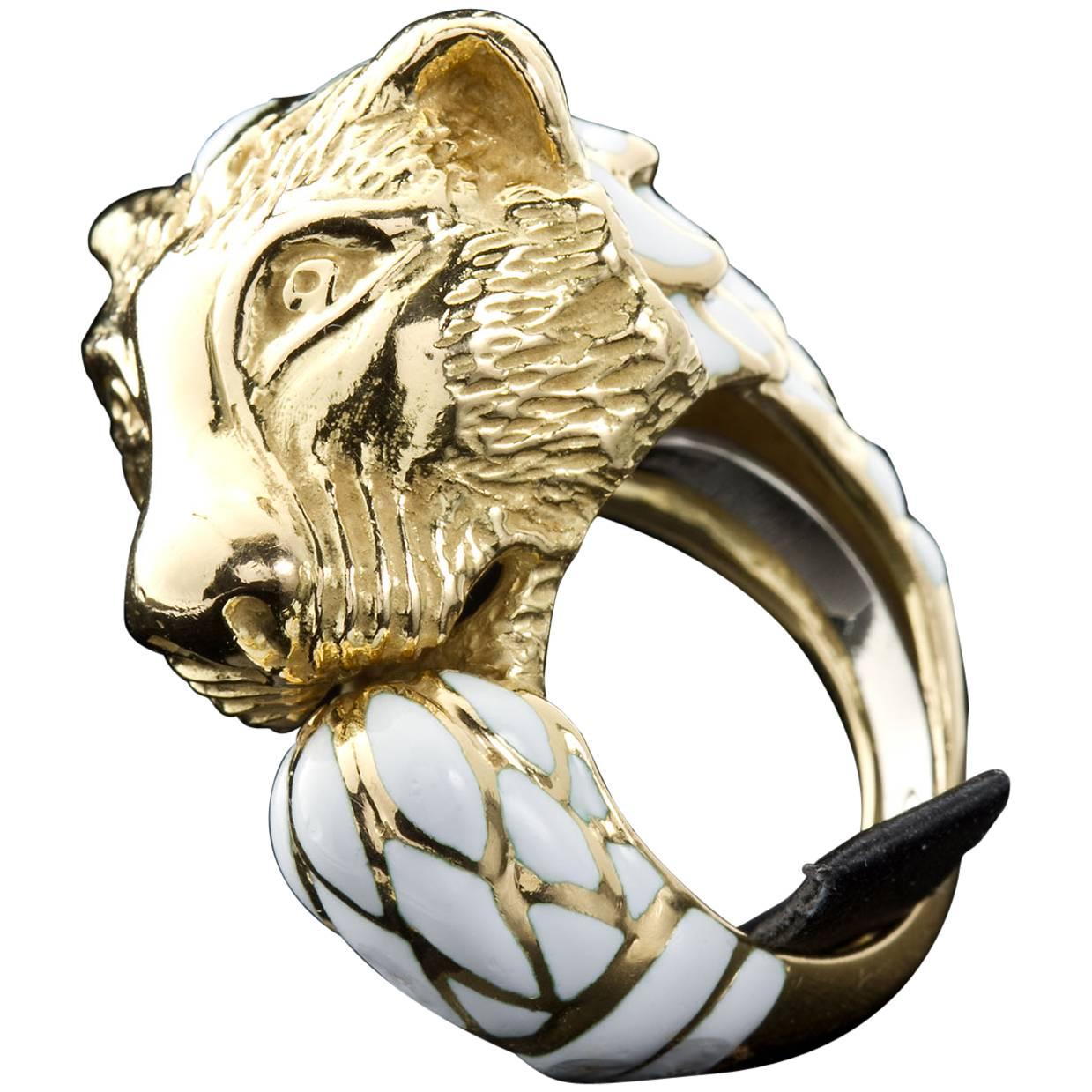 David Webb Enamel Gold Lion Ring For Sale