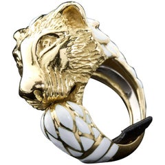 Retro David Webb Enamel Gold Lion Ring
