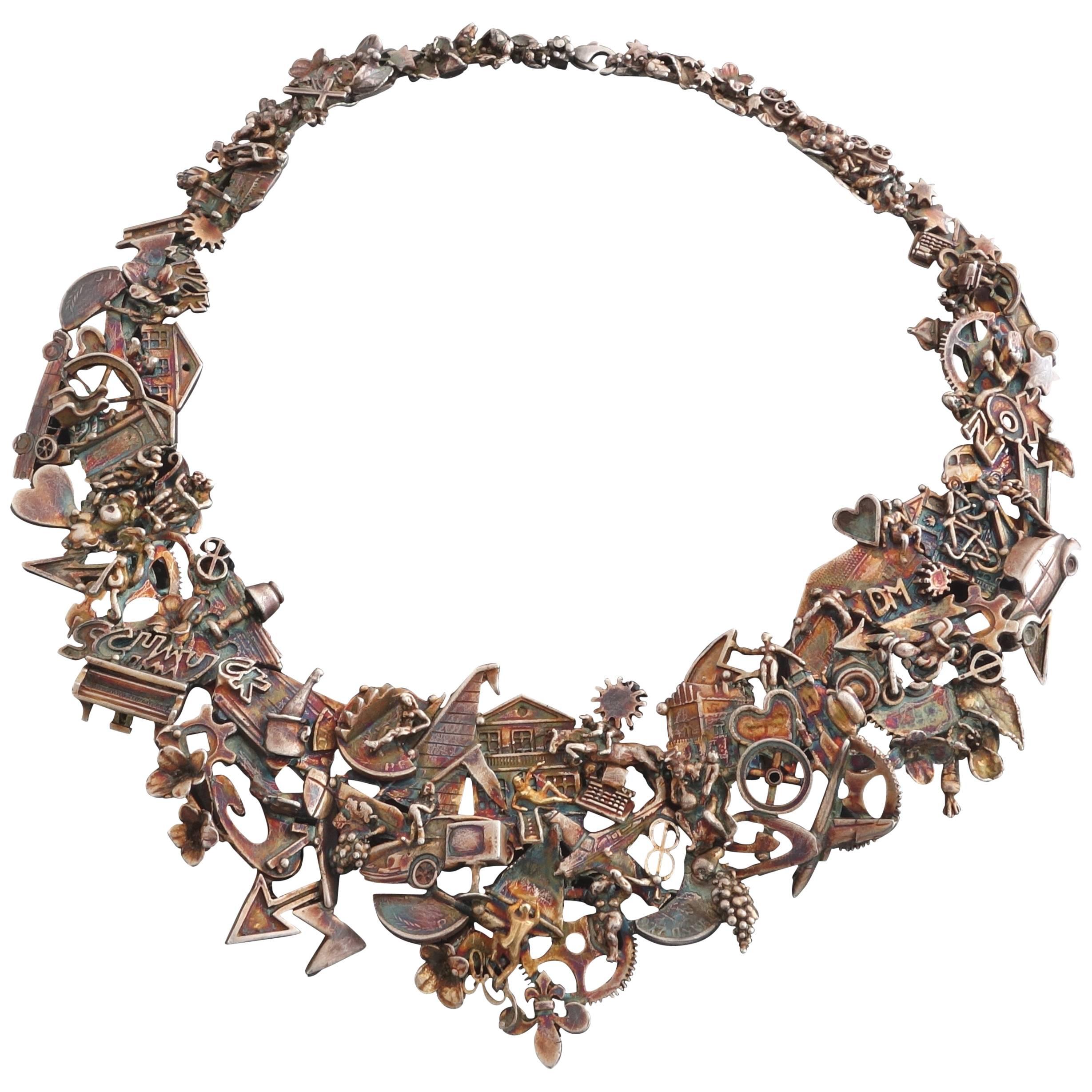 Ehinger-Schwarz Modernist Figural Patinated Silver Necklace For Sale