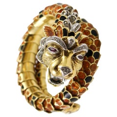 Vintage Enamel Diamond Gold Dragon Wrap Bracelet with Ruby Eye