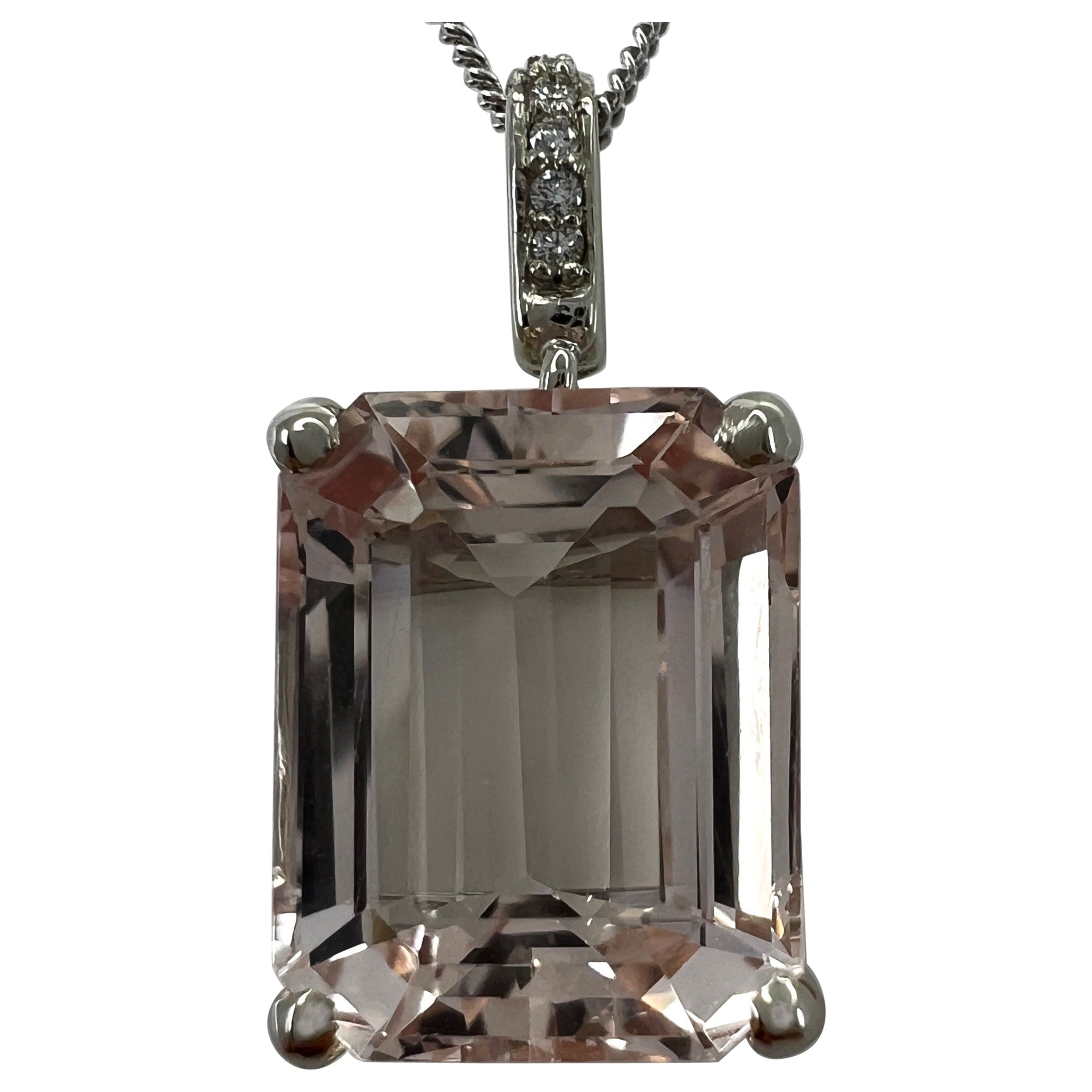 6 Carat Peach Morganite & Diamond Emerald Cut 18k White Gold Pendant Necklace For Sale