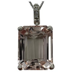 6 Carat Peach Morganite & Diamond Emerald Cut 18k White Gold Pendant Necklace