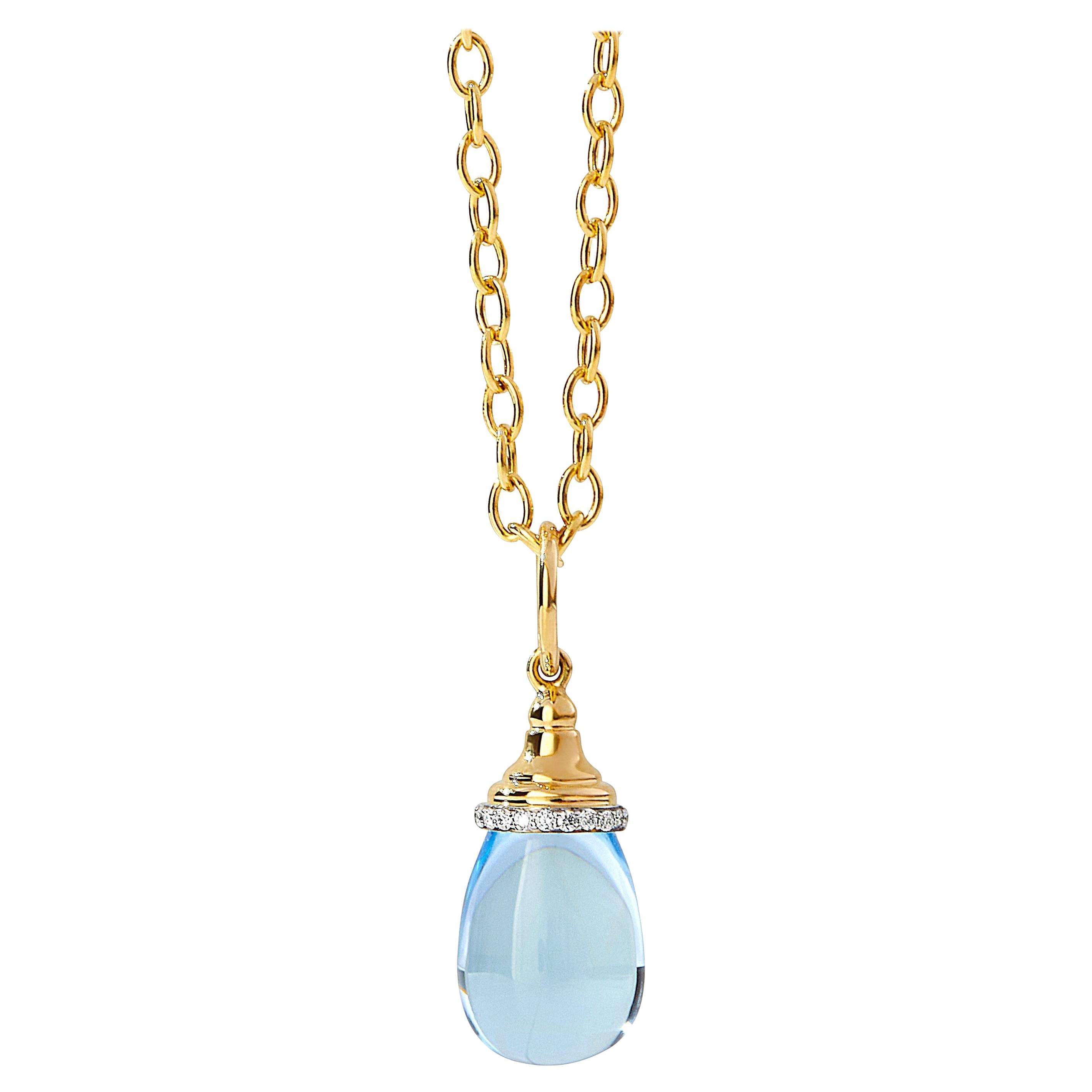 Syna Yellow Gold Mini Blue Topaz Drop Pendant with Diamonds