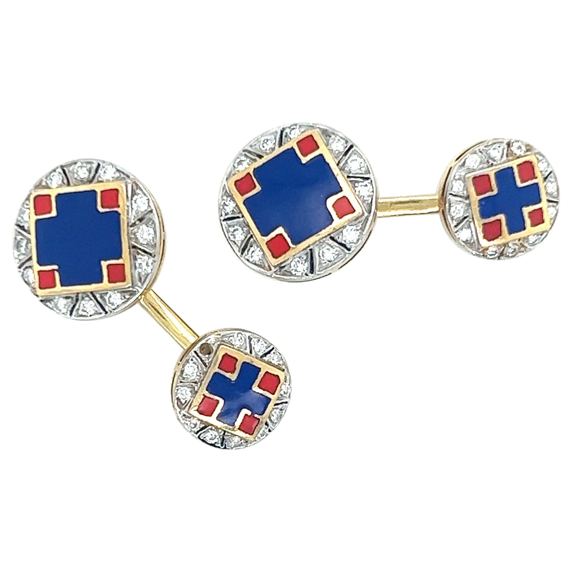 Yellow Gold Diamonds Red and Blue Enamel Cufflinks