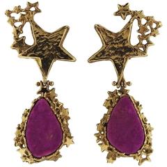 Dan Telleen Unusual Druzy Pink Gemstone Gold Drop Earrings