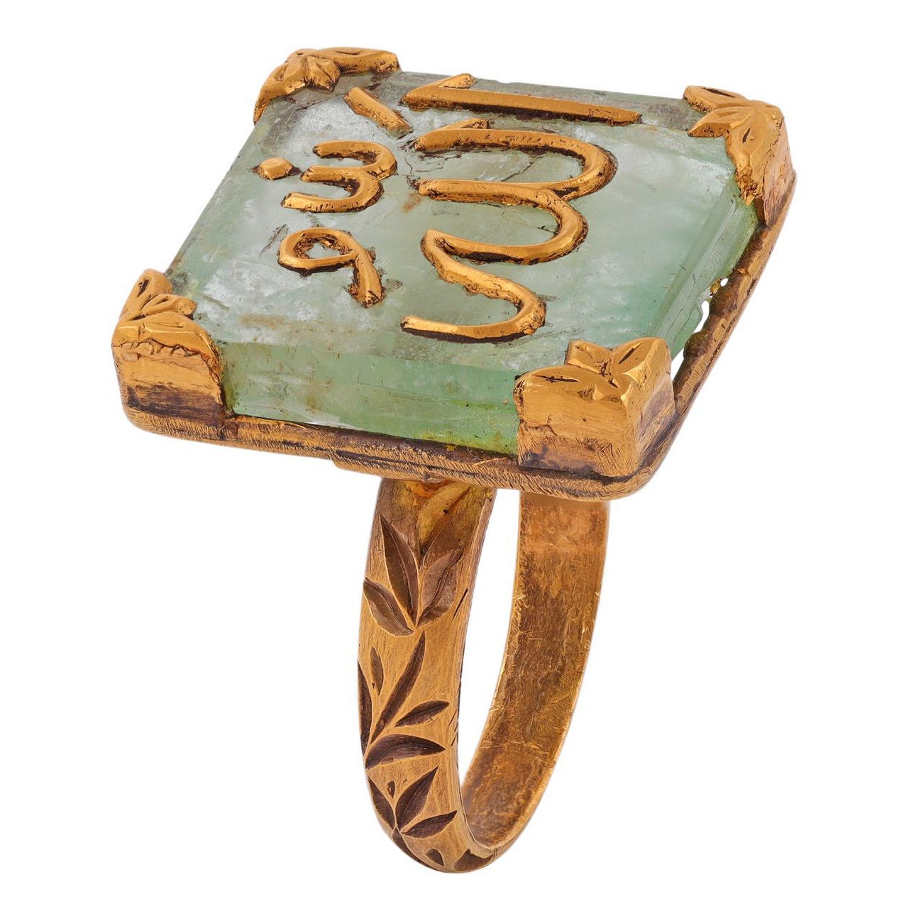 Old Art Deco, Messika Faith Allah Carved Emerald 22k Yellow Gold Ring For Sale