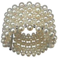 Marina J Multi Strand Intricately Woven Pearl Bracelet with Rhodium Silver Clasp