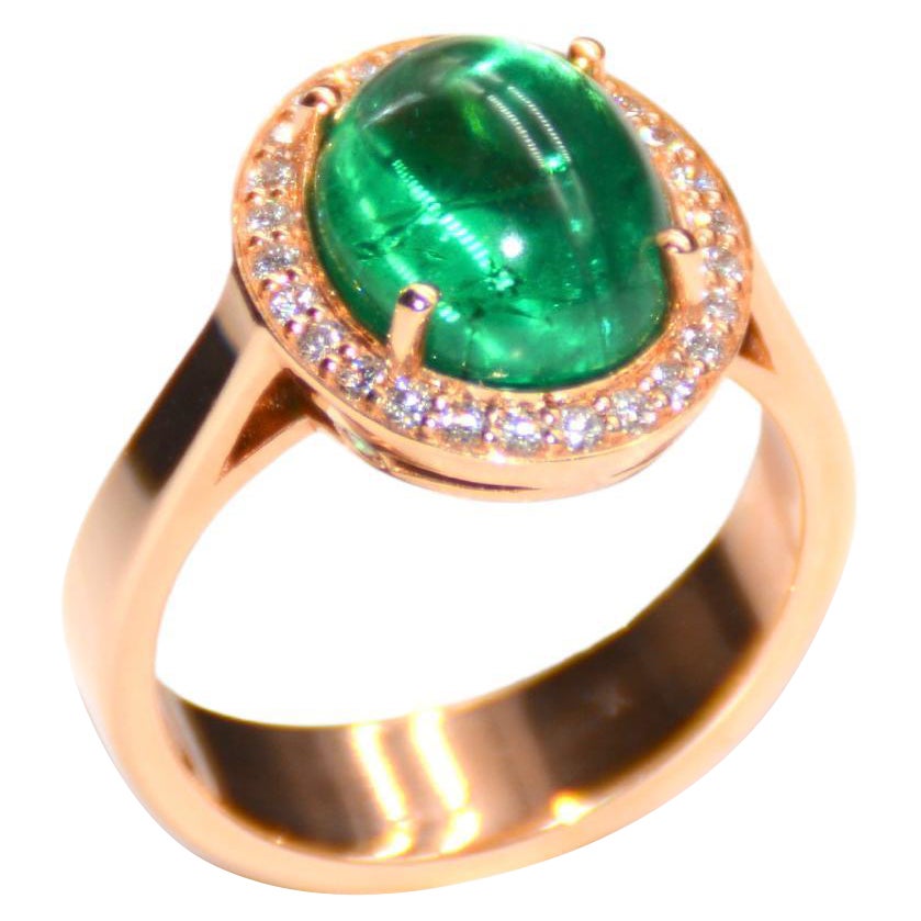 French Cocktail Ring Emerald Cabochon Diamonds Rose Gold For Sale