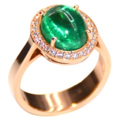 French Cocktail Ring Emerald Cabochon Diamonds Rose Gold