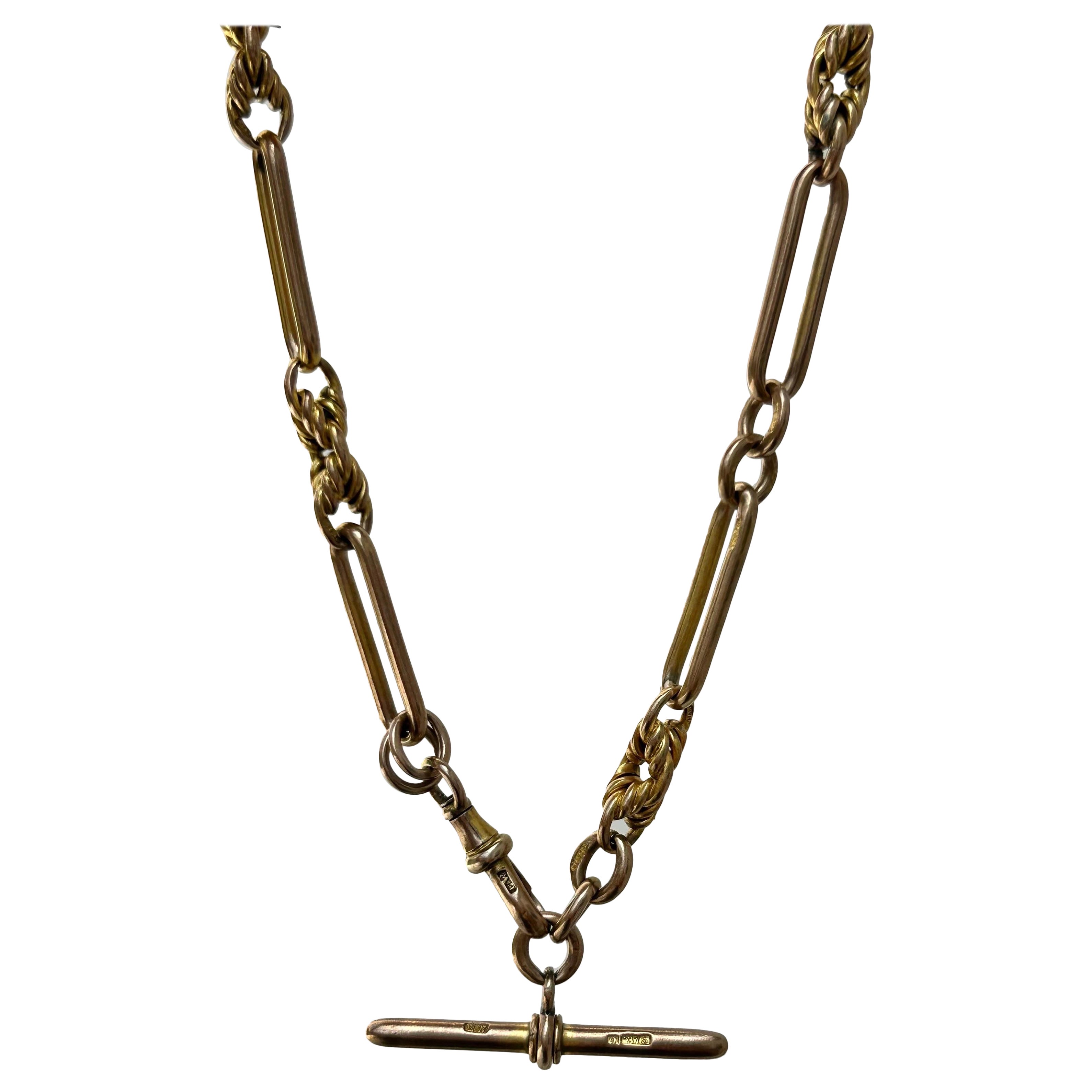 Collier ancien en or 9ct avec trombone d'Albert et motifs torsadés  en vente