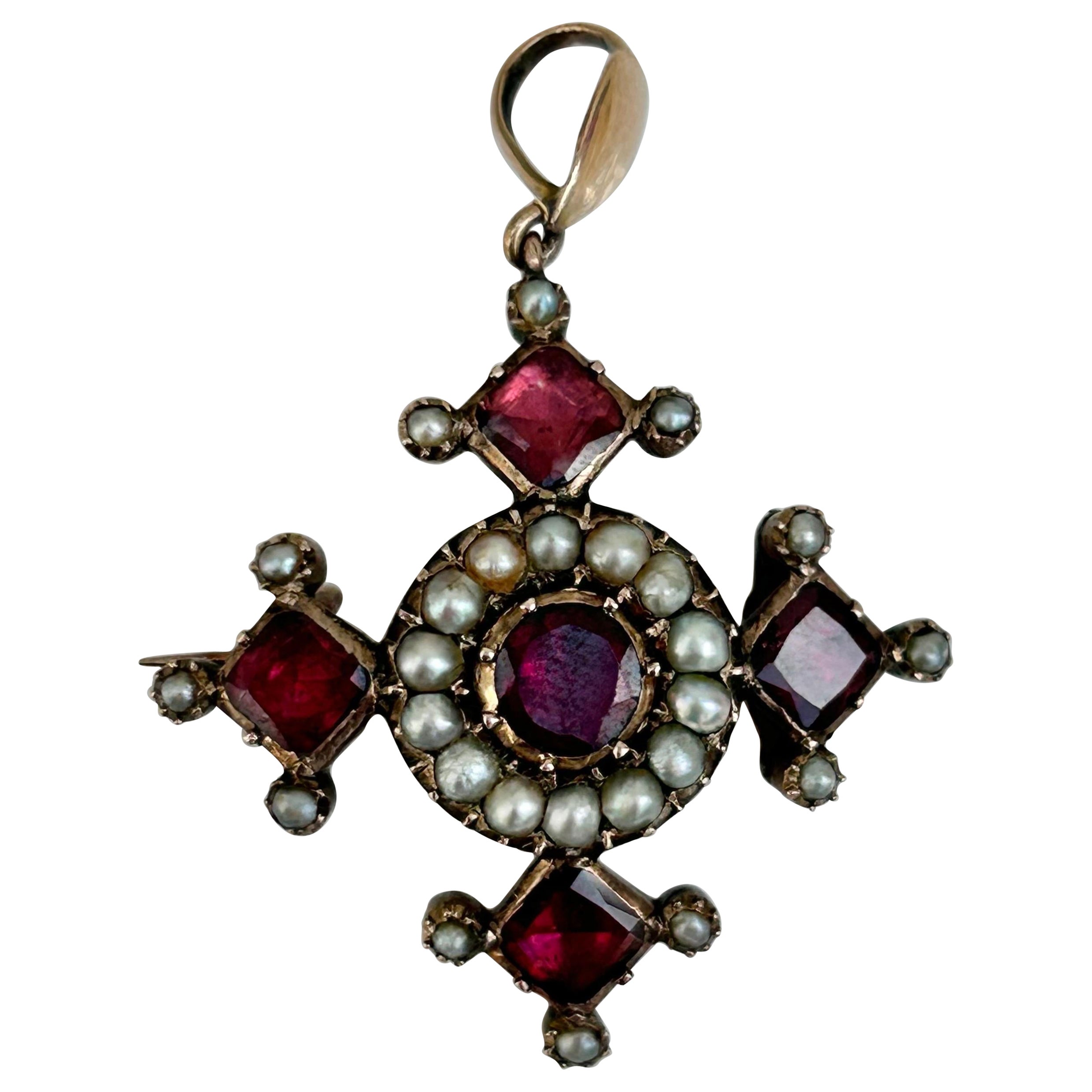 Amazing Victorian Flat Cut Garnet and Pearl Gold Brooch / Pendant For Sale