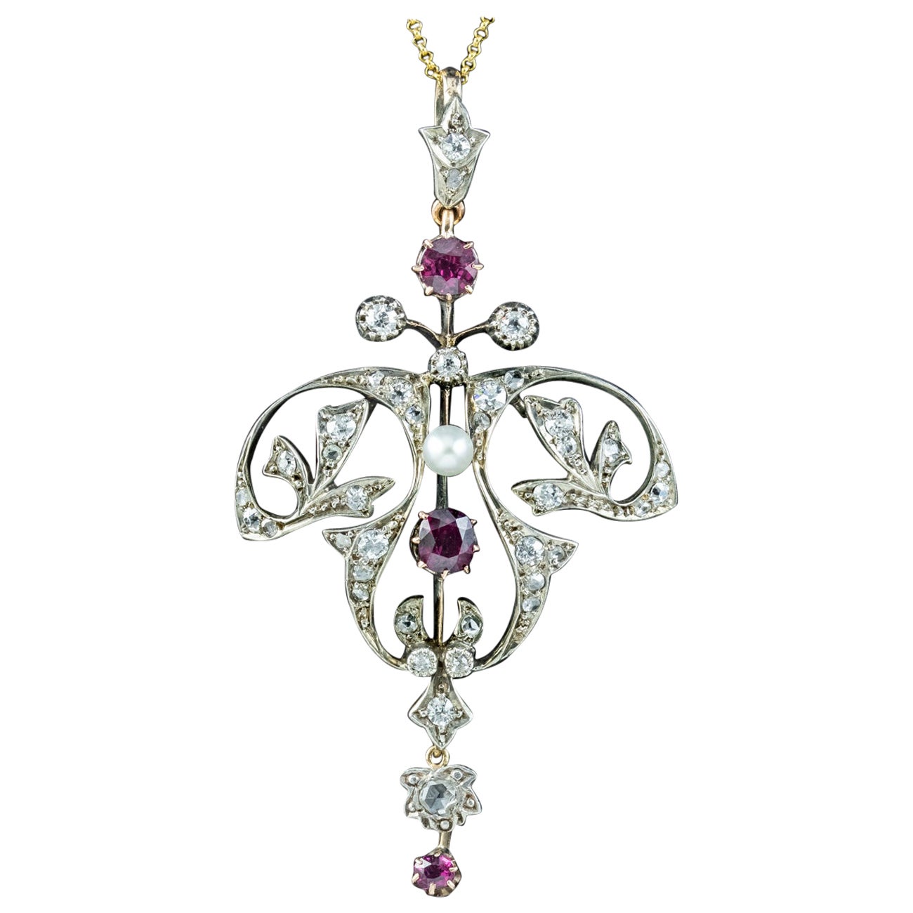 Antique Victorian Ruby Diamond Pearl Pendant Necklace 0.90ct Ruby For Sale
