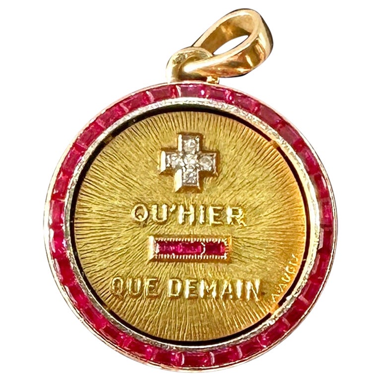 French Love Token Pendant Ruby Diamond Qu'Hier Que Demain 18 Karat Gold A. Augis